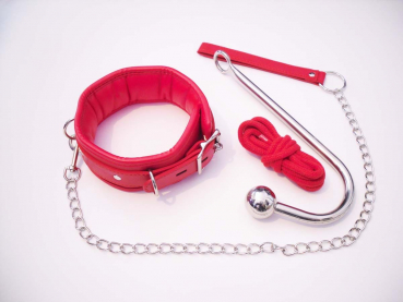 Rotes Halsband gepolstert mit Anal Hook & Seil